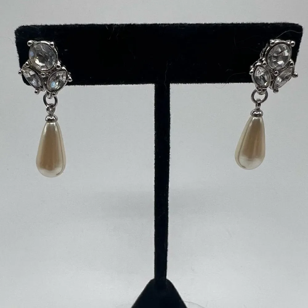 Monet Dainty Faux Pearl Drop Earrings with Stone Cluster Post